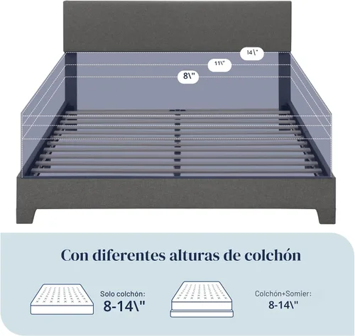 Miniatura 7 de Allewie - Base de cama Queen con cabecera ajustable, cama tapizada con plataforma y listones de madera, base de colchón resistente, no necesita Gris