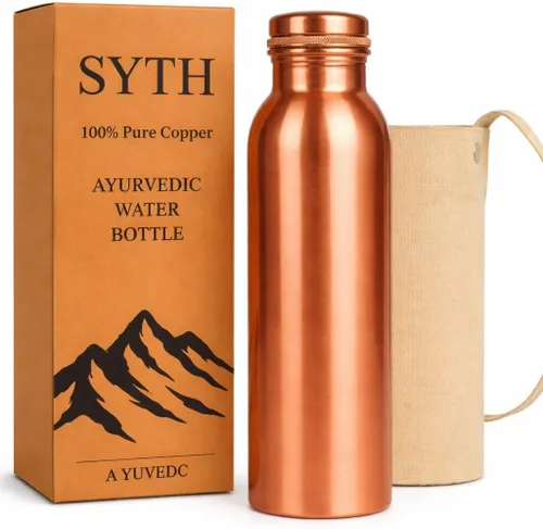 Miniatura 9 de SYTH Botella de agua de cobre 100% puro con bolsa de lona de transporte, probada en laboratorio, 34 onzas, a prueba de fugas, recipiente de cobre
