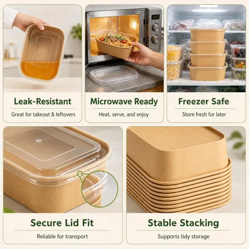 Miniatura 3 de Paquete de 50 cuencos desechables de papel kraft de 19 onzas con tapas y tenedores, recipientes desechables para preparación de comidas, cuencos