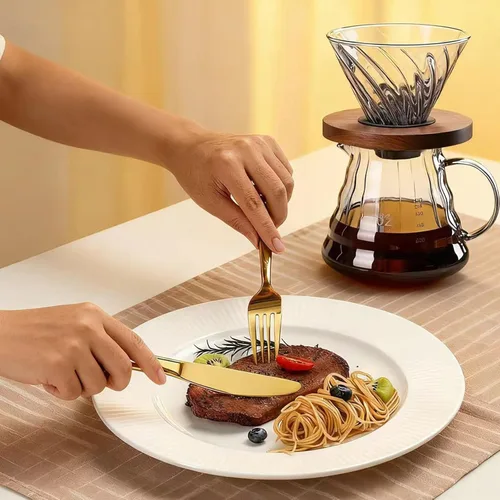 Miniatura 7 de Juego de cubiertos dorados de 20 piezas, cubiertos de acero inoxidable para 4, incluye cuchillo de carne, tenedor y cuchara, apto para lavavajillas