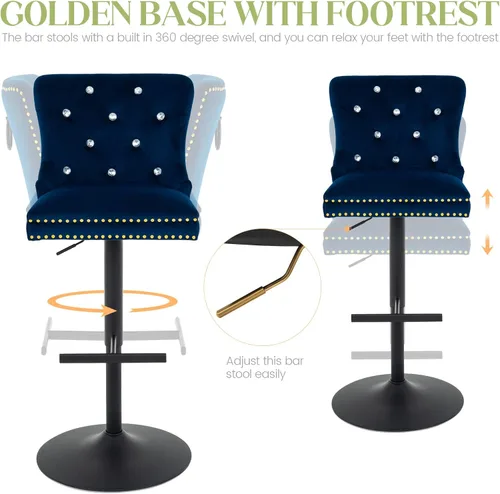 Miniatura 5 de Taburete de bar ajustable, silla de terciopelo con función giratoria y base negra, taburete de altura de mostrador para cocina, comedor y muebles