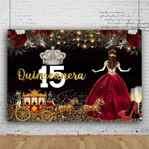 Vestido rojo, fondo de flores de rosa, telón de fondo de cumpleaños de quinceañera para niña, princesa, feliz cumpleaños 15, carruaje de fotografía,
