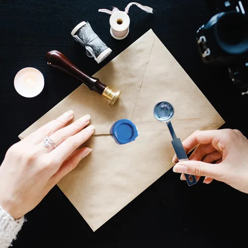 Miniatura 5 de Kit de 500 cuentas de sello de cera octágono azul cielo con 4 velas de té, 1 cuchara de fusión para manualidades, manualidades, letras, boda