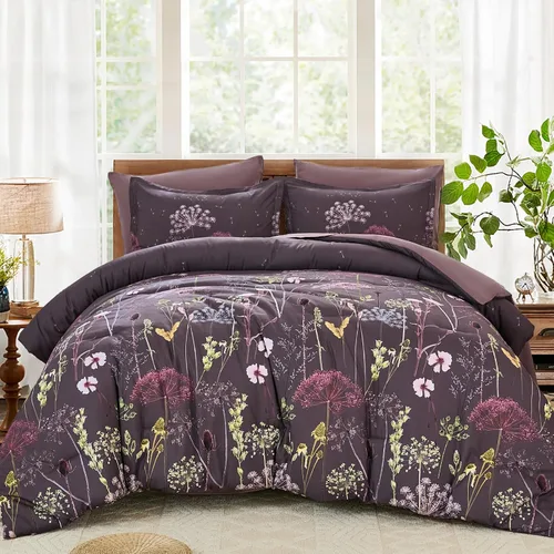 Miniatura 9 de Yiran - Juego de edredón Queen de 7 piezas, juego de ropa de cama con motivos de diente de león negro, cama de invierno en una bolsa Queen, juego