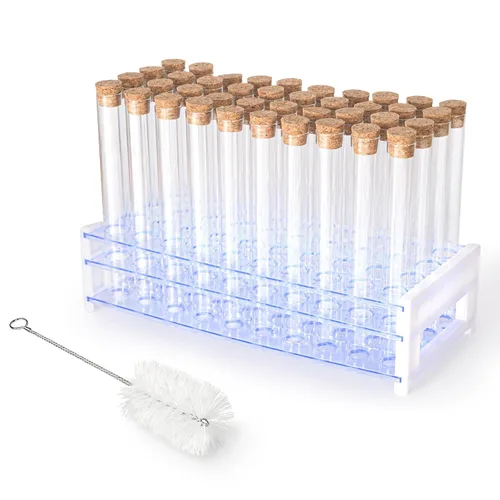 Miniatura 11 de 50 tubos de ensayo de vidrio transparente de 0.5 fl oz (0.512 x 3.937 in) con tapones de corcho y 1 estante de tubos de plástico de 50 agujeros