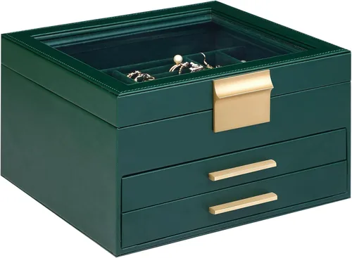 Joyero organizador para mujer, 3 capas de piel sintética, caja de almacenamiento de joyas con tapa de cristal, regalo para personas, 3 cajones, gran
