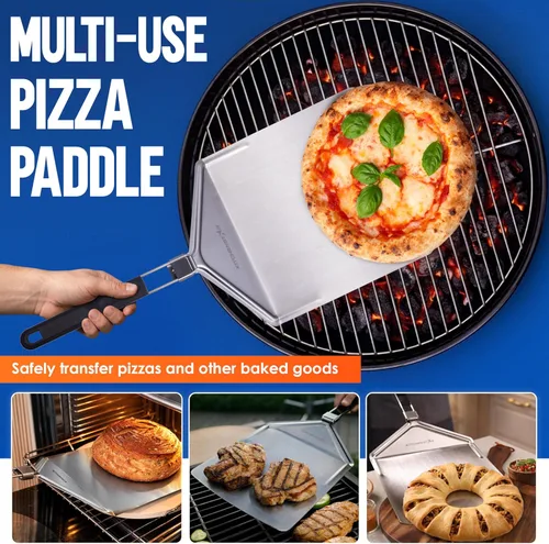 Miniatura 7 de KitchenStar Pala de pizza de metal de 12 pulgadas con mango plegable, paleta de espátula de acero inoxidable para transferencia de pizza sin