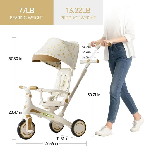 Miniatura 3 de Winhope Triciclo para niños, triciclo 6 en 1 para bebés con asa de empuje ajustable, asiento reversible y toldo, cochecito de bebé para niños de 1 a