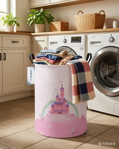 Miniatura 7 de Cesto de Ropa Sucia, Cesta de Almacenamiento Redonda Impermeable con Asa, Plegable, Castillo Rosa, 19.7 pulgadas (Alto) x 15.7 pulgadas (Diámetro)