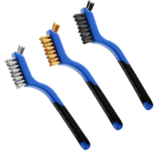 Juego de 3 cepillos de alambre, cerdas de nailon/latón/acero inoxidable con mango curvado para limpieza con mango curvado para eliminación de óxido,