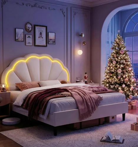 Miniatura 10 de HIFIT Marco de cama LED inteligente tapizado completo con cabecera ajustable de pétalos elegantes, marcos de cama de plataforma de tamaño completo