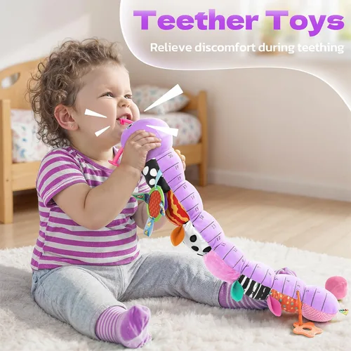 Miniatura 4 de HEMRLY Juguetes Sensoriales para Bebés de 0 a 6 Meses, Oruga Musical de Peluche con Mordedor, Papel Crujiente, Sonajero, Espejo para Bebé para Morado