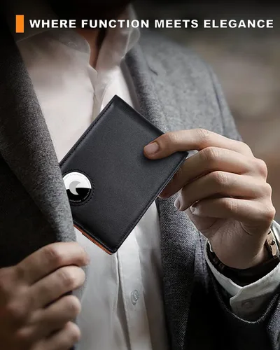 Miniatura 22 de Billetera AirTag para hombre, de piel auténtica plegable con bloqueo Rfid AirTag con ranuras para efectivo y ventana de identificación, compatible