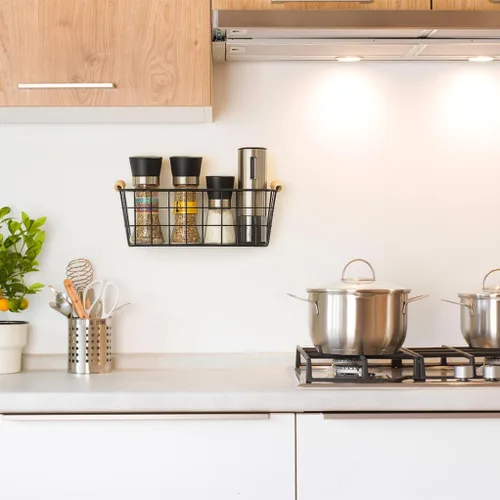 Miniatura 3 de Cestas colgantes de metal negro con asa, organizador de almacenamiento de pared de alambre con ganchos, cestas adhesivas para cocina, baño