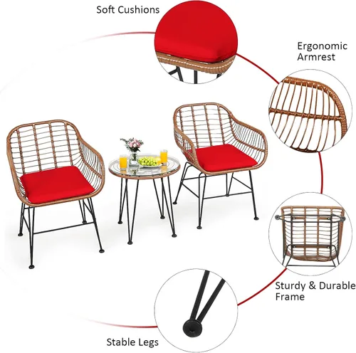 Miniatura 41 de Tangkula - Juego de 3 piezas para conversación en el patio, juego de muebles de mimbre al aire libre con mesa redonda de vidrio templado y 2