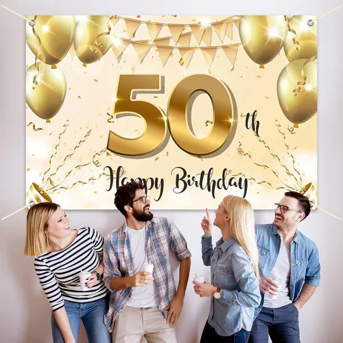 Miniatura 5 de HAMIGAR Fondo de pancarta de feliz cumpleaños 50 de 6 x 4 pies, decoraciones de cumpleaños de 50 años, suministros de fiesta para mujeres, oro blanco