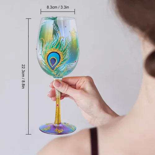 Miniatura 5 de NymphFable Regalos de Pavo Real Copa de Vino Iridiscete Pintada a Mano 15oz Copas de Vino Coloridas Personalizadas Regalo de Cumpleaños de Pavo Real