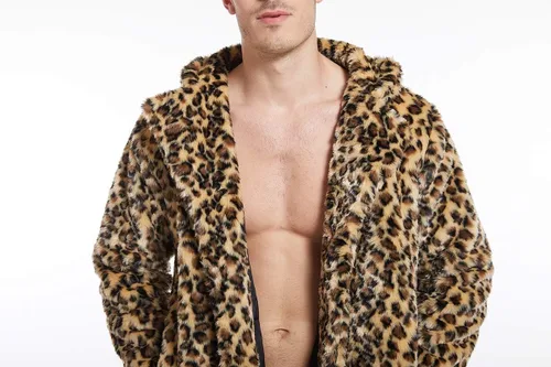 Miniatura 5 de UMREN Abrigos de piel sintética de leopardo para hombre, chaqueta larga de lujo, parka cárdigans