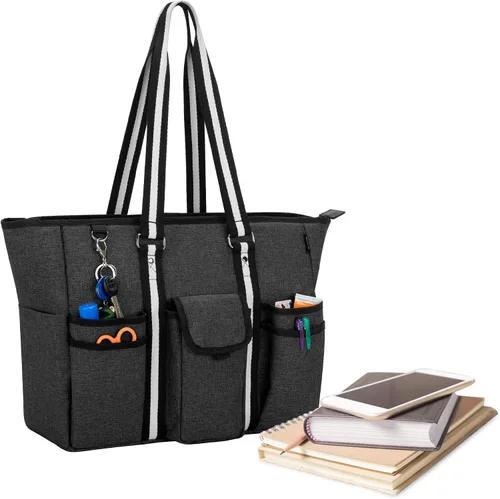 CURMIO Bolsas y bolsas para profesores para mujer, bolsa de trabajo grande con funda para laptop para oficina, color negro (solo bolsa, diseño
