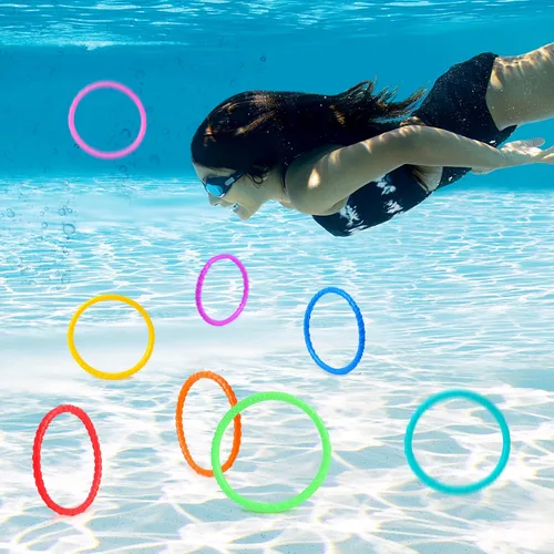 Miniatura 3 de JOYIN Juguetes de piscina de círculos de buceo, 8 piezas de anillos de piscina coloridos para niños, entrenamiento subacuático, juguete de buceo