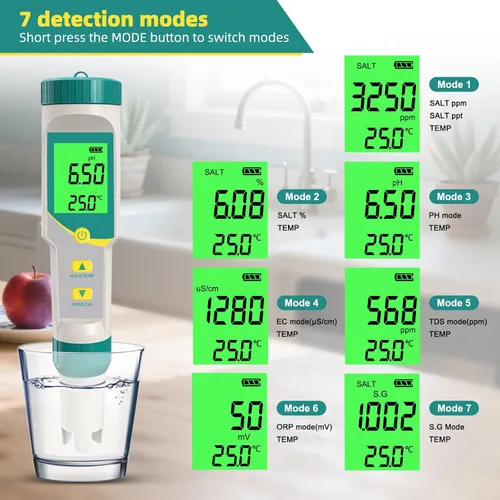 Miniatura 7 de Medidor de PH/TDS Medidor digital de agua 7 en 1 Medidor TDS y probador de salinidad PH Temp EC, Medidor de PH de alta precisión para agua con Verde