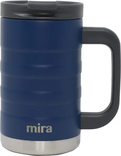 MIRA Taza de café aislada de 14 onzas con asa, termo de acero inoxidable con tapa segura, taza para bebidas calientes y frías, azul almirante