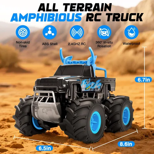Miniatura 5 de BainGesk Juguetes de camión monstruo a control remoto impermeable, auto RC 1:16, 2.4GHz 4WD juguetes de automóvil todo terreno con 2 baterías Azul