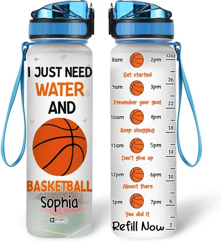 Hyturtle Botella de agua motivacional personalizada con texto en inglés "I Just Need Water And Basketball", nombre personalizado con marcador de
