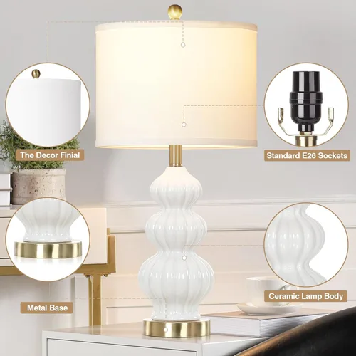 Miniatura 5 de Juego moderno de 2 lámparas de mesa blancas - Lámparas de noche para mesitas de cabecera, lámparas de cerámica de 66 cm con triple calabaza