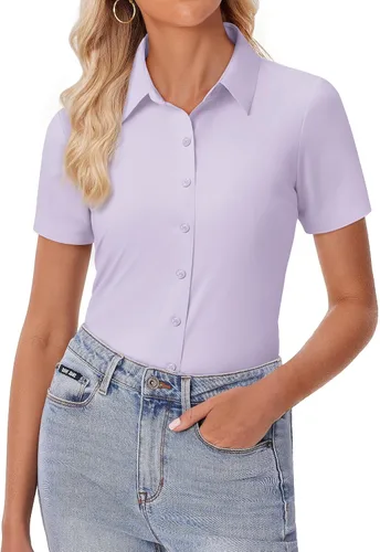 Miniatura 8 de siliteelon Camisa de vestir con botones para mujer, ajustada, elástica, de manga corta, sin arrugas, sólida, formal, para el trabajo