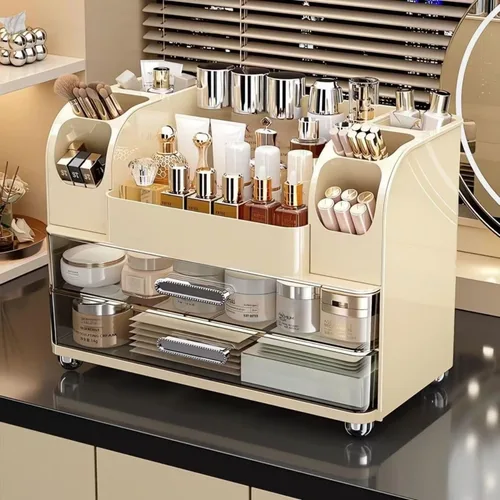 Miniatura 9 de Organizador de maquillaje con cajones para tocador, organizador de encimera de baño con soporte para brochas, organizador de almacenamiento
