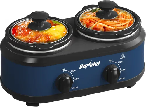 Miniatura 11 de Sunvivi Olla de cocción lenta doble, servidores de buffet y calentador con 2 ollas de cerámica extraíbles, calentador de alimentos de cocción lenta