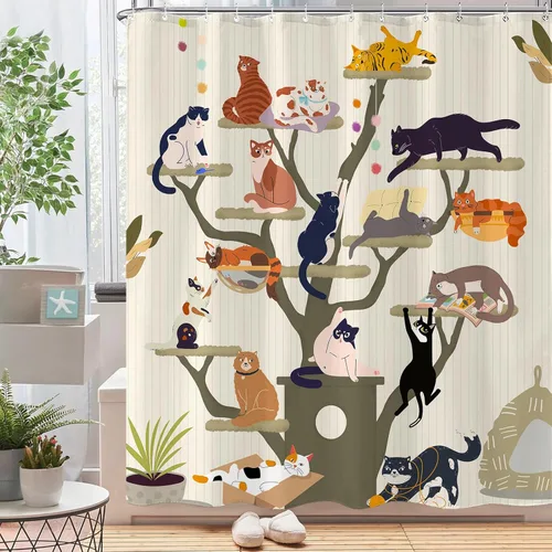 Miniatura 8 de Cortina de Ducha Divertida de Gato Lindo Divertido Árbol de Gato de Dibujos Animados Cortinas de Ducha para Baño Boho Anime Gatitos Niños Granja