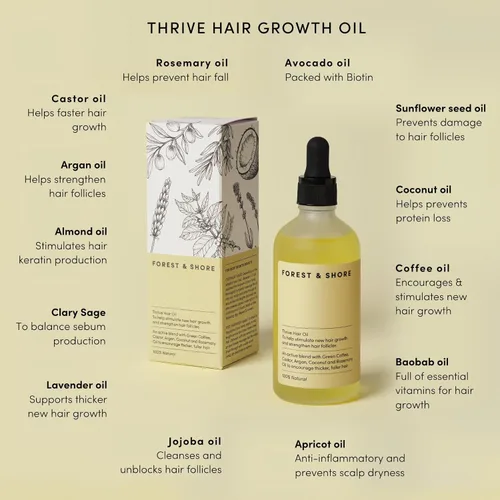 Miniatura 5 de Forest & Shore Aceite para el crecimiento del cabello, 100% natural, con cafeína, biotina, ricino, argán y romero, suero eficaz para cabello dañado