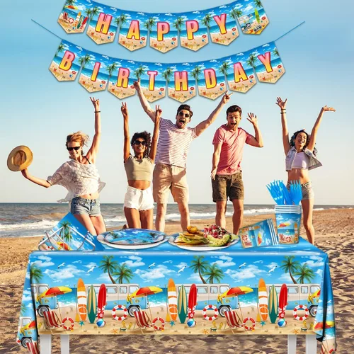 Miniatura 5 de Suministros para fiesta de cumpleaños en la playa, 142 piezas, decoración hawaiana para fiesta de piscina, incluye platos de cena de playa, mantel