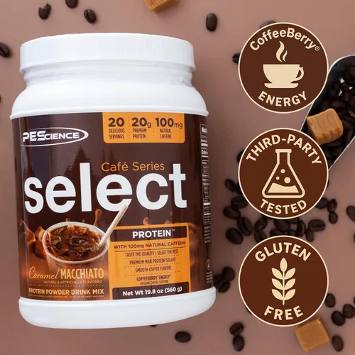 Miniatura 4 de PEScience Select Cafe Protein Coffee - Polvo con sabor a café, 100 mg de cafeína, 0.71 onzas de proteína helada, café en polvo o crema - Caramel