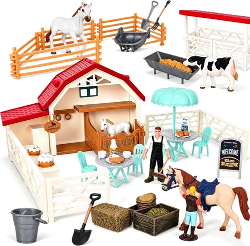 Miniatura 7 de Peagprav Figuras de Animales de Granja Juguetes - Set de Juguetes de 140 Piezas Juguete de Granero Caballo Establo Tractor Remolque Molino de Viento