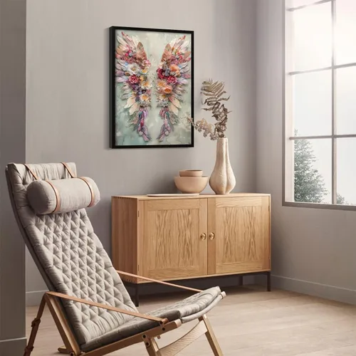 Miniatura 3 de Arte de pared enmarcado abstracto floral con alas de ángel, impresión en lienzo, póster romántico de galería, imagen elegante con plumas y flores