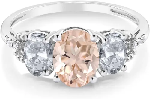 Miniatura 41 de Anillo de compromiso ovalado de oro blanco de 10 quilates con piedra natal y topacio blanco de 3 piedras con detalles de diamante Centro de 0.315