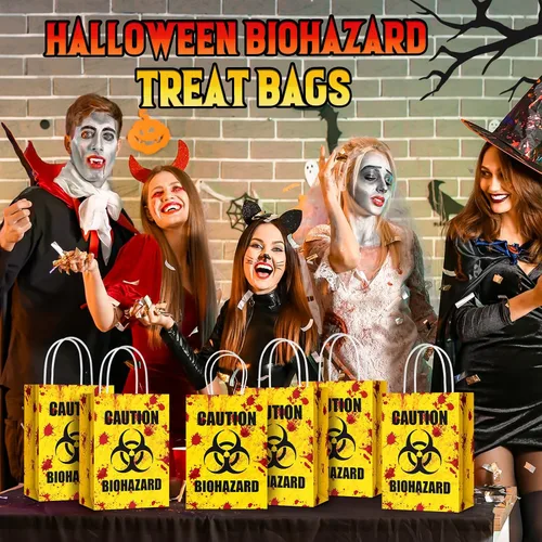 Miniatura 5 de TaoBary 24 bolsas de regalo de Halloween de peligro biológico de Halloween, bolsas de regalo de papel con asas, temática de zombies, recuerdos