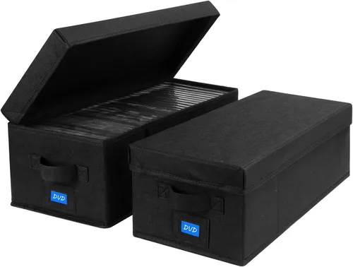 Caja de almacenamiento de DVD con asas y tapa, organizador de funda de DVD con ranuras externas para etiquetas, estuche de almacenamiento de DVD