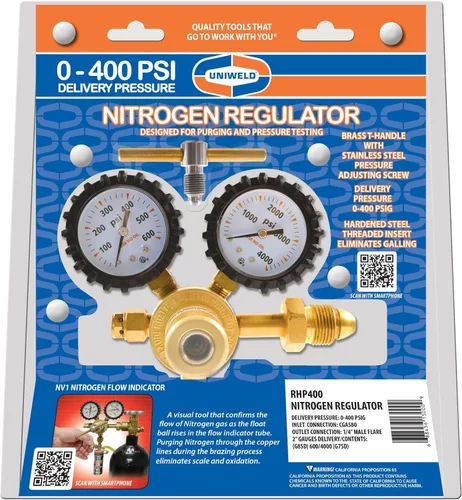 Miniatura 5 de Uniweld RHP400 Regulador de nitrógeno con 0-400 PSI de presión, CGA580 conexión de entrada y conexión de salida de llama macho de 1/4 de pulgada