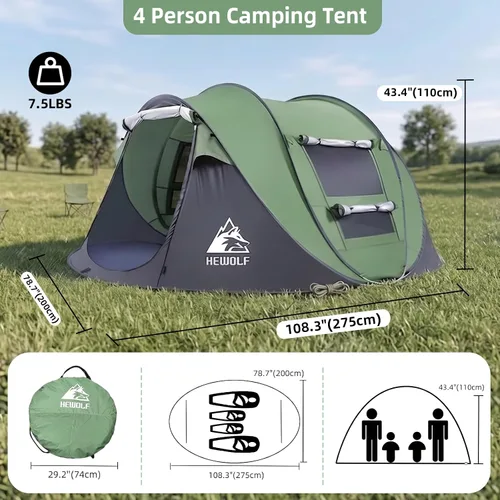 Miniatura 5 de Hewolf Tienda de campaña desplegable para 2/4 personas, fácil instalación instantánea, impermeable, tienda familiar automática para camping