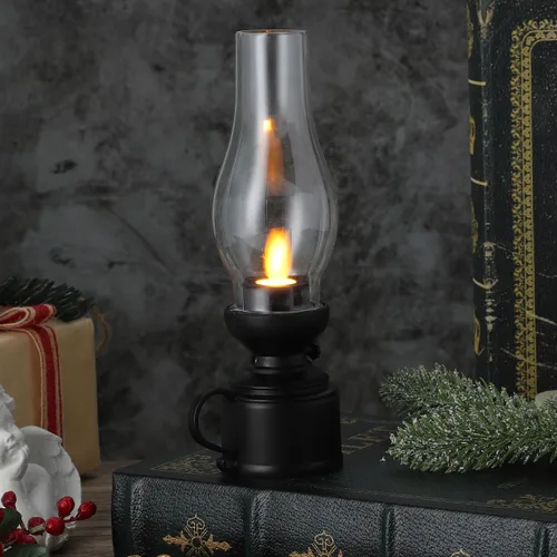 Miniatura 6 de Zerodeko Lámpara de queroseno vintage sin llama, lámpara de mesa LED de queroseno, lámpara transparente de huracán, funciona con pilas, mesita