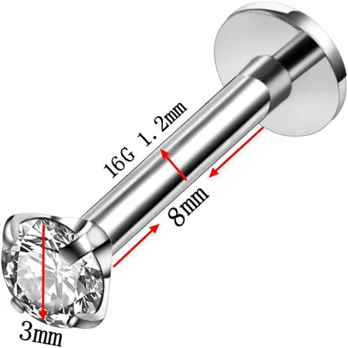 Miniatura 3 de Piercing de labio de 16 G con circonita cúbica de color mixto para labret Monroe nariz, tragus hélice para oreja, joyería de acero inoxidable