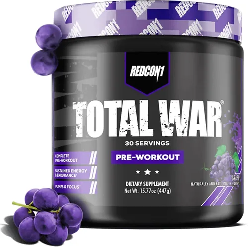 REDCON1 Total War - Suplemento para antes del entrenamiento, Uva - Preentrenamiento con cafeína de acción rápida para hombres + mujeres con beta