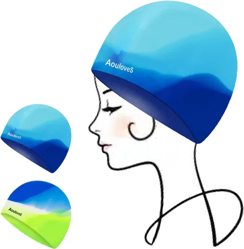 Miniatura 8 de Paquete de 2 gorros de natación para niños y niñas, unisex, de silicona, para niños de 4 a 12 años, ajuste cómodo para cabello largo y cabello corto