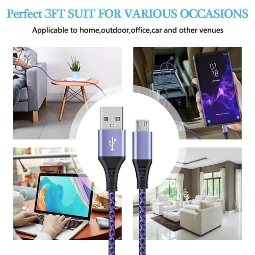 Miniatura 6 de Cable Micro USB, [4 unidades/3 pies] Cable de carga USB para Android macho a micro B, cable de datos de alta velocidad de carga Nylon trenzado