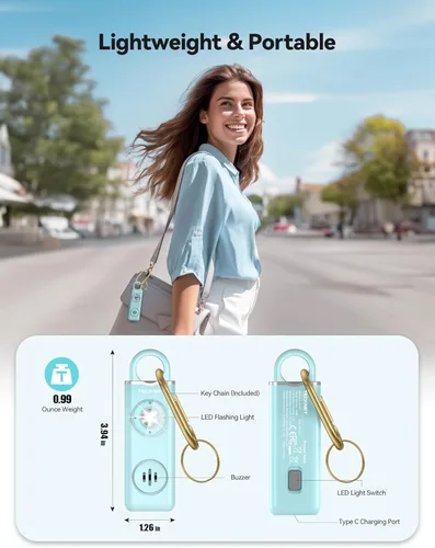 Miniatura 5 de TECKNET Alarma de seguridad personal recargable para mujeres, alarma de llavero de autodefensa de 130 dB con luz estroboscópica SOS, aviso de Azul