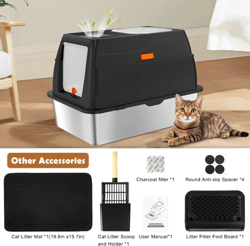 Miniatura 9 de Vivifying Caja de Arena de Acero Inoxidable con Tapa, Entrada Frontal XL Cerrada Caja de Arena Extra Grande para Gatos Grandes y Gatitos, Bandeja